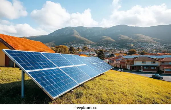 Solar Panels on a Residential Area with Mountain Background