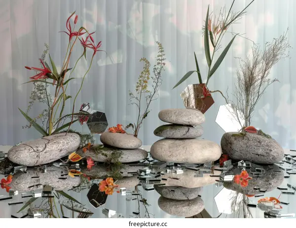 Nature photography of stone, mirror pieces, and dried plants