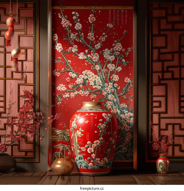 Chinese New Year Decorated with Traditional Red Vases and Flowers