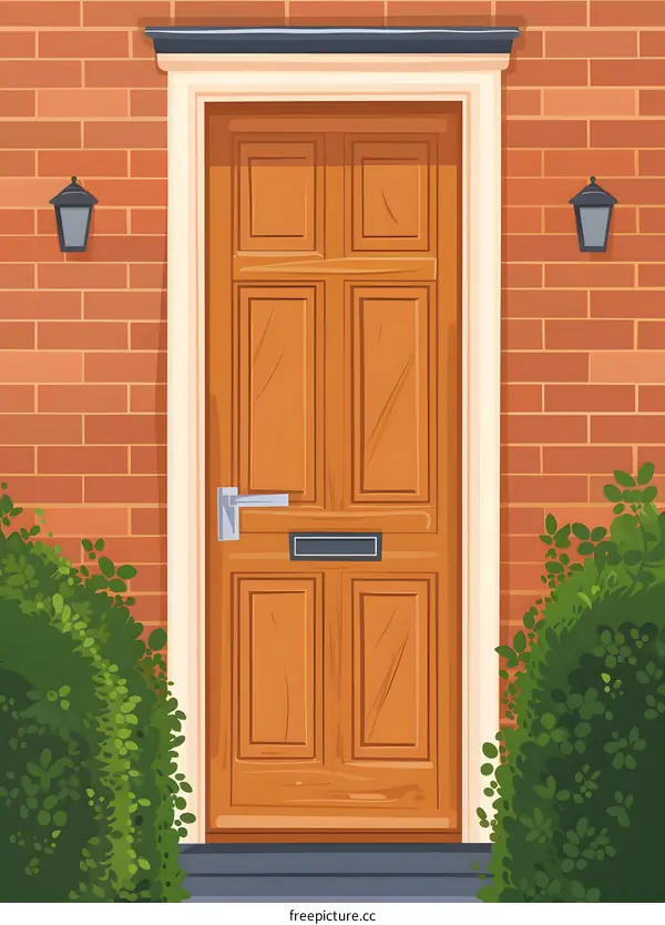 Wooden Door Entrance of Brick House with Bushes