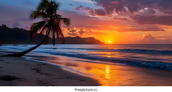 Palm Tree Silhouette On Beach With Sunset