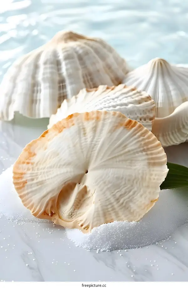 Close-up of white and brown seashells on a marble table
