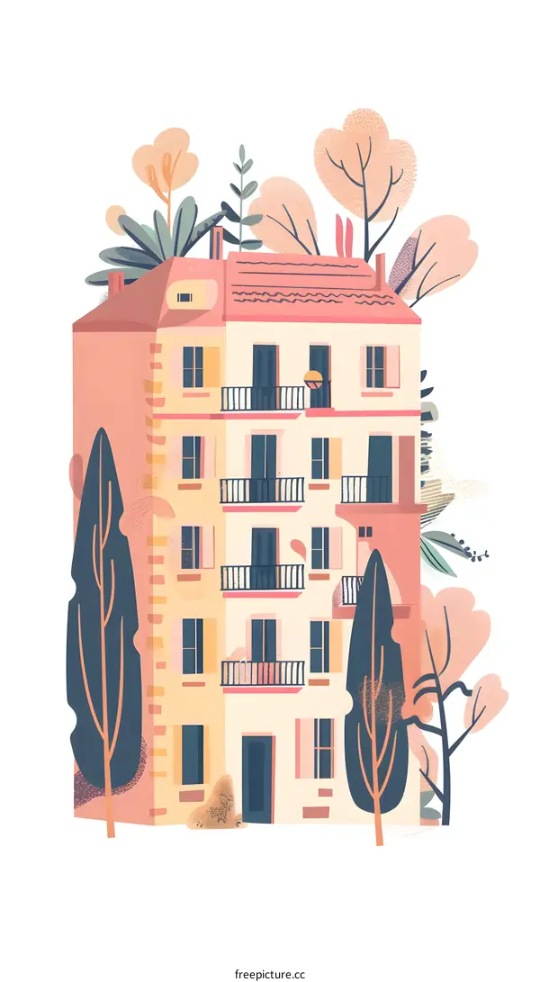 Charming Illustrated House with Balcony and Trees