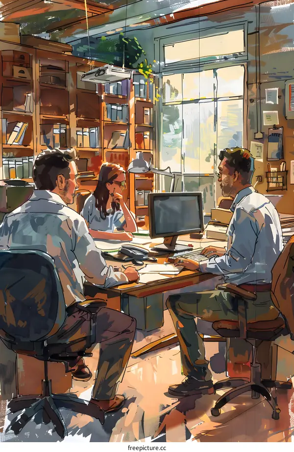 Three people in an office are looking at a computer screen.