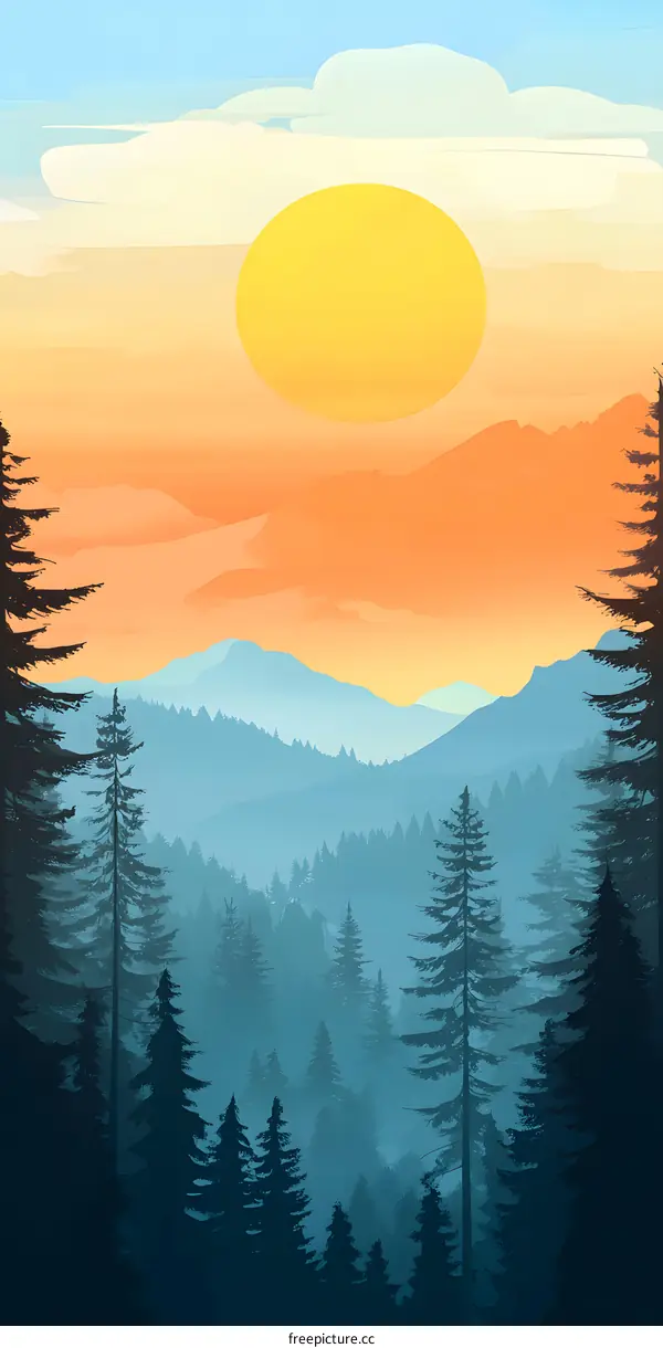 Mountain Landscape Illustration with Sunset Sky