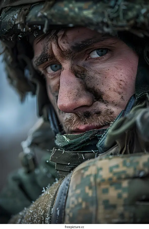 Portrait of a soldier with blue eyes and a beard wearing a military helmet and camouflage