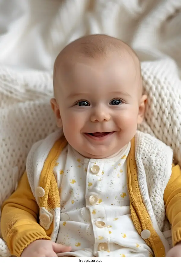 Smiling Baby in a Yellow Cardigan