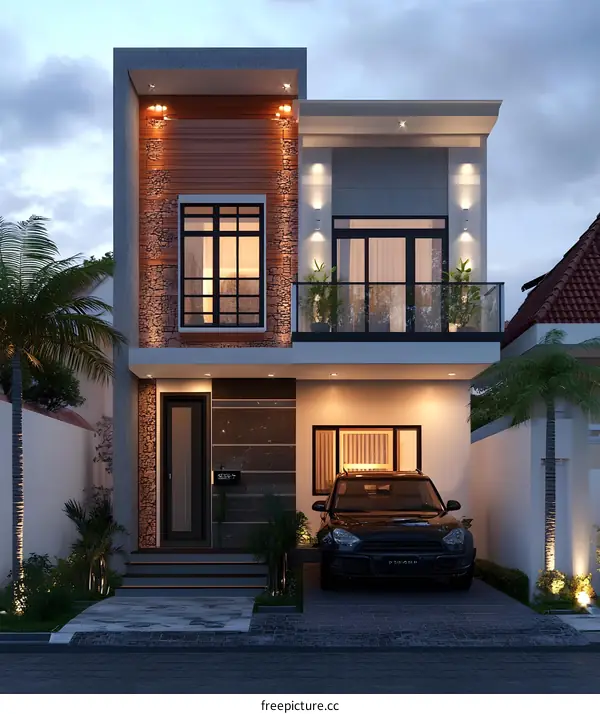 Modern Minimalist Two Story House Design with Balcony and Car