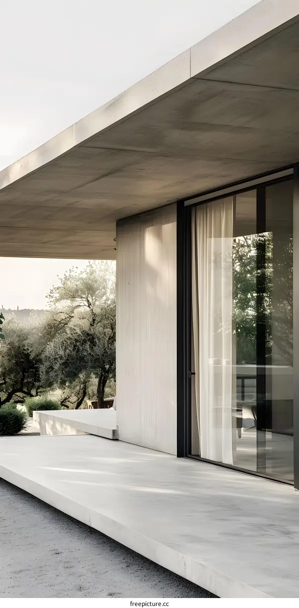 Modern Concrete House with Large Windows and Patio