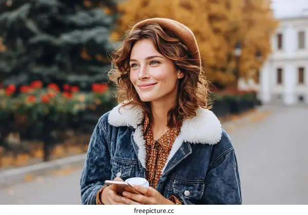 Smiling Woman Outdoors with Phone and Coffee Autumn Cityscape