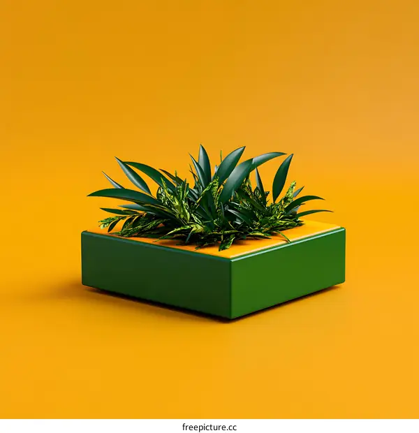 Green Plant in a Yellow and Green Box on a Yellow Background