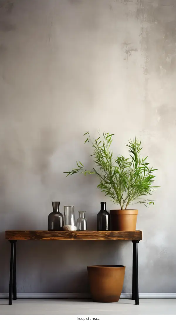 A Plant on a Wood Bench Against a Textured Concrete Wall