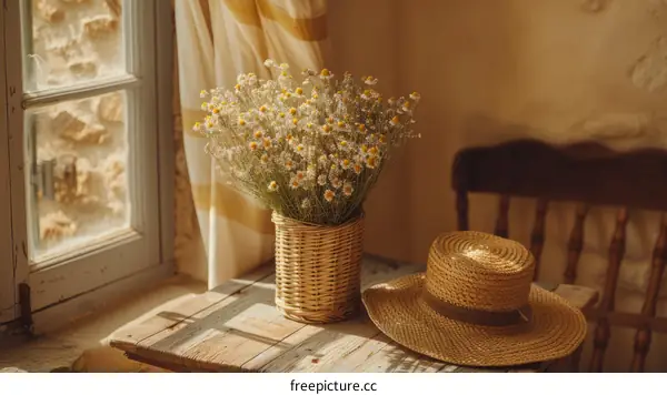Wood Table with Basket of Flowers and Straw Hat