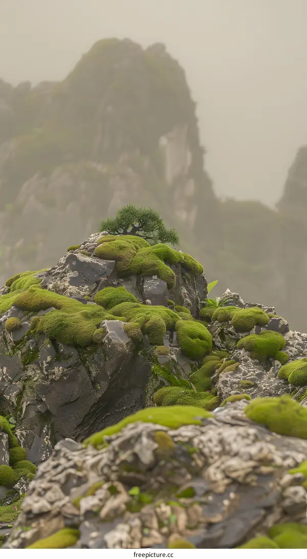 Green Moss Covered Rocks in Foggy Mountain
