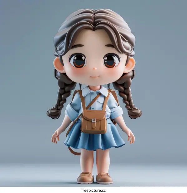 3D cute girl with brown hair and brown eyes wearing a blue uniform