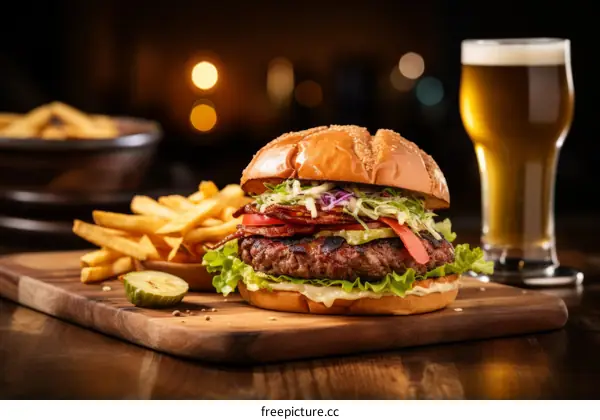 Delicious Bacon Cheeseburger with Fries and Beer