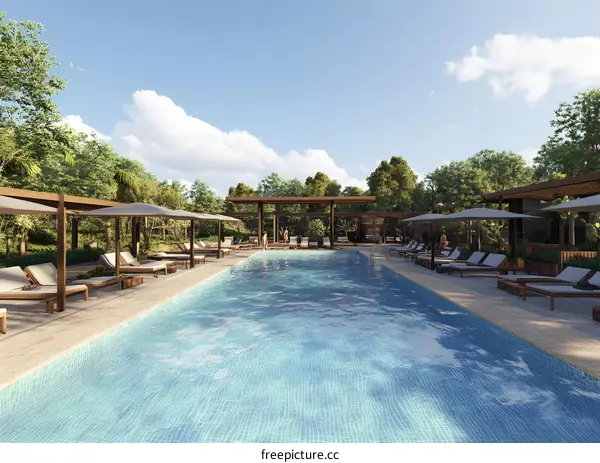 Luxury Resort Swimming Pool with Lounge Chairs and Palm Trees