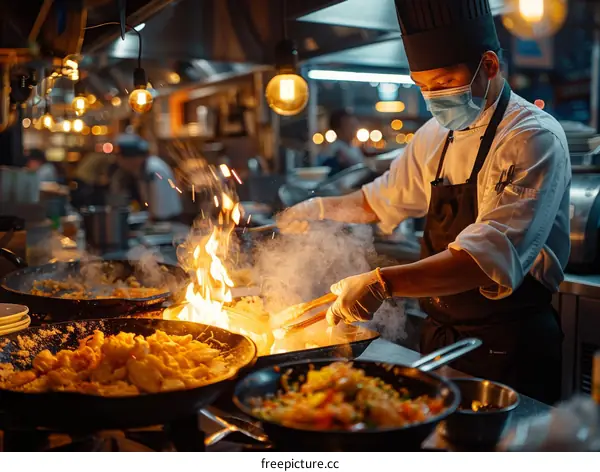 Asian chef cooking with fire in a busy restaurant kitchen