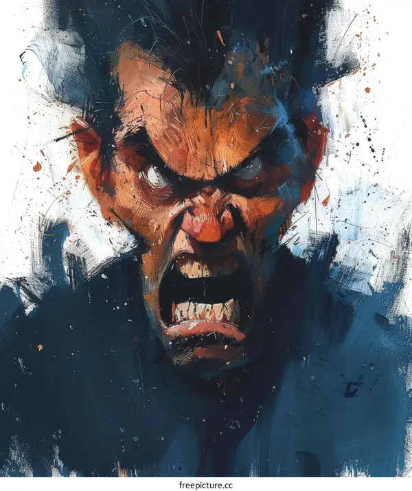 A digital painting of a mans face with an angry expression.