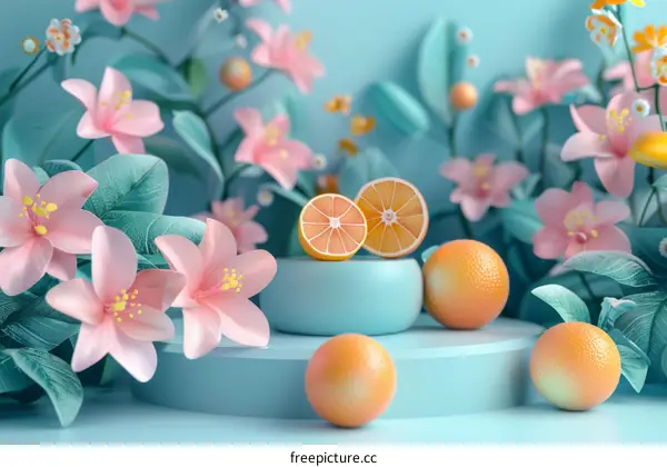 Oranges and Flowers on Blue Podium