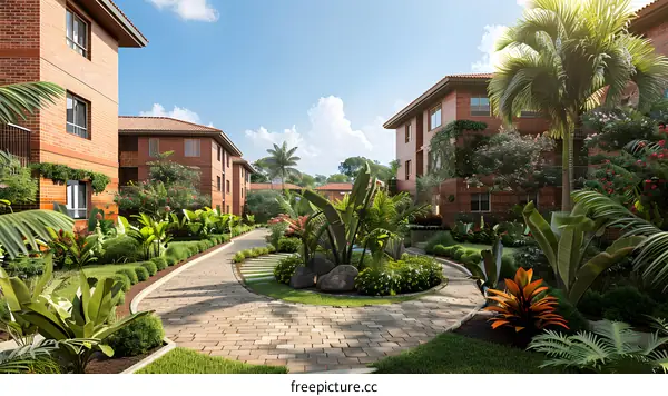 Brick Building with Green Landscaping and Pathway