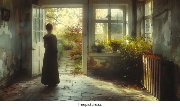 Woman Standing in an Old Abandoned Building Looking Out the Doorway