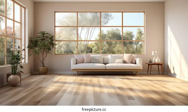 Elegant Living Room With Large Windows and Green Plants