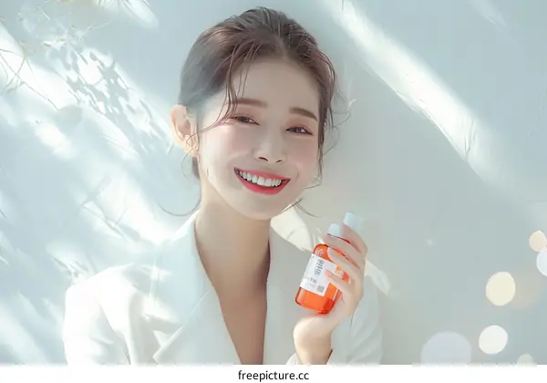 Asian woman holding a bottle of orange liquid