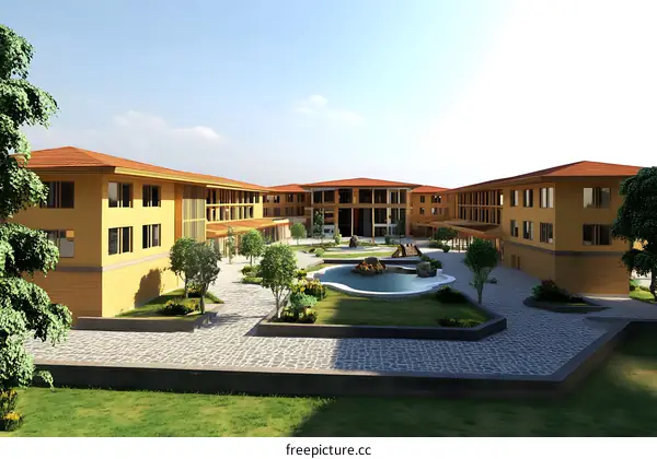 Modern Architectural Design Of A School Building With Courtyard And Fountain