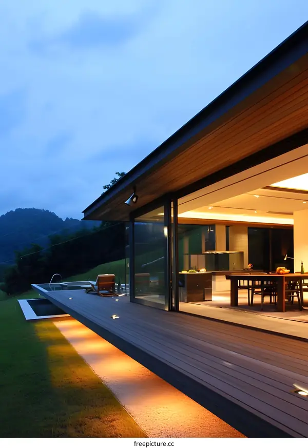 Modern House with Deck and Swimming Pool at Dusk