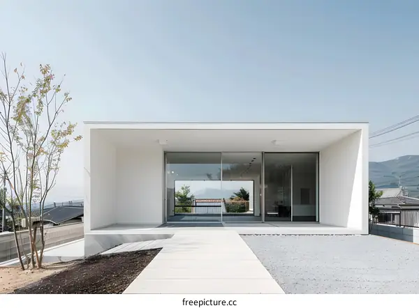 Modern White House with Large Glass Doors and a Path Leading to the Entrance