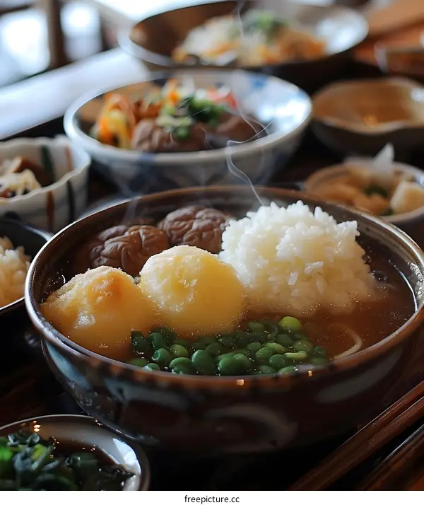 Steaming bowl of Japanese food with rice, mushrooms, and vegetables