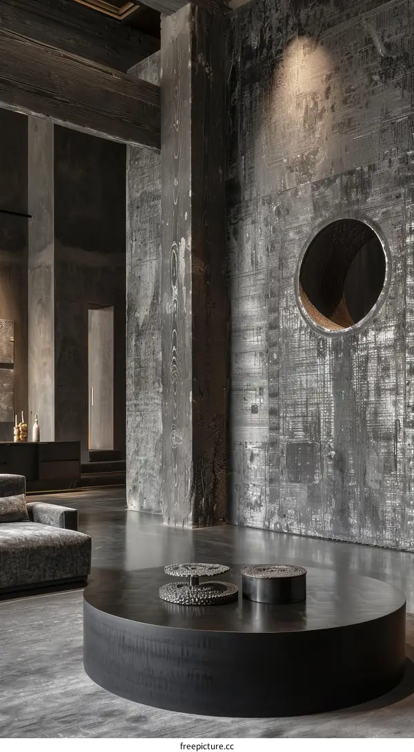 Dark and moody living room with wood and concrete