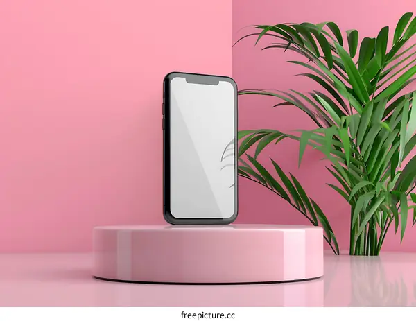 Pink Background with Palm Leaf and Smartphone Mockup