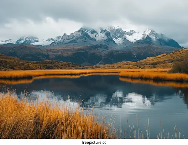 Mountains and lake landscape with snow and autumn grass
