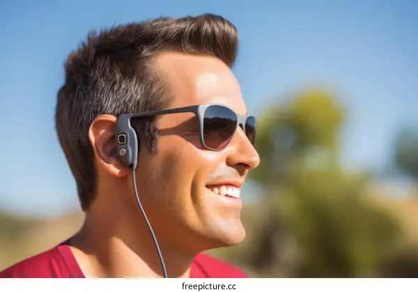 Man wearing sunglasses and earphones smiling