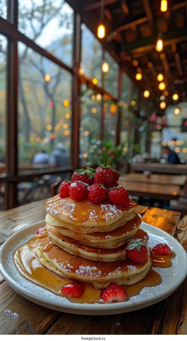 A delicious breakfast of pancakes with strawberries and maple syrup