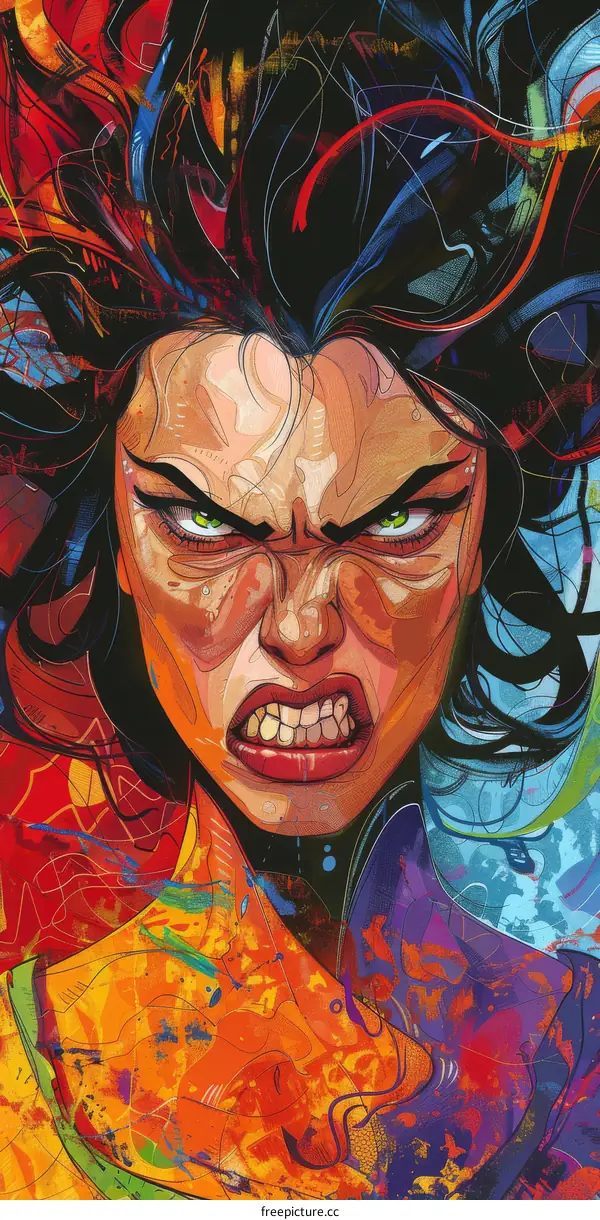 Angry Woman Illustration with Vibrant Colors
