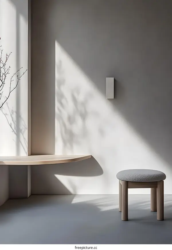 Minimalist Interior Design with Wooden Stool and Sunlight