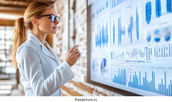 Businesswoman Analyzing Data on a Large Screen