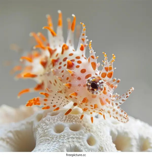 An orange and white sea dragon rests upon a coral reef