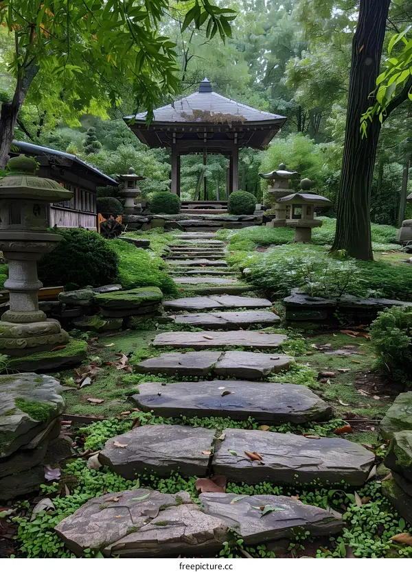 Stone path leading to a pagoda in a Japanese garden