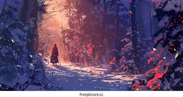 Person Walking Through Snowy Forest at Sunset