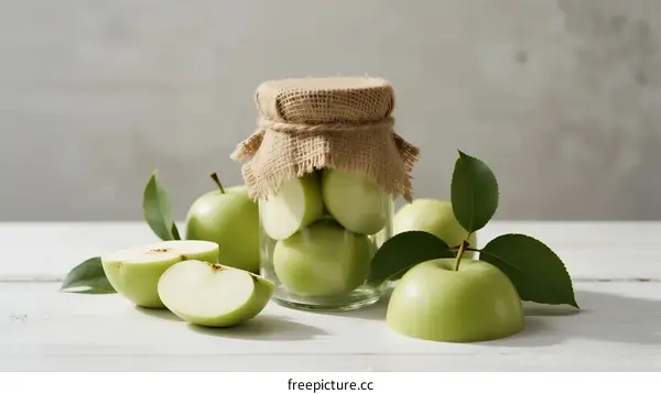 Fresh Green Apples in Glass Jar with Leaves on White Table