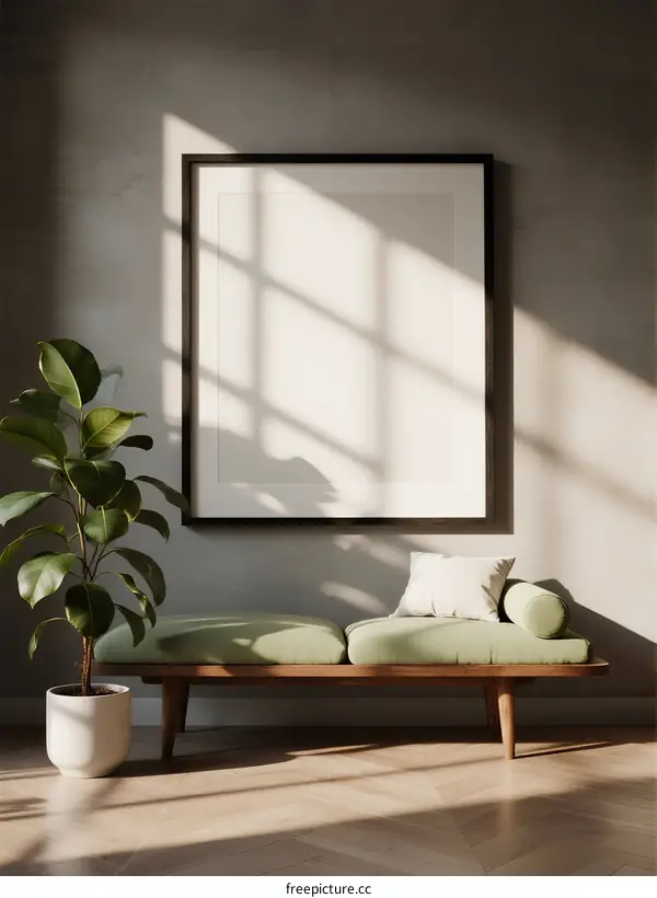 Sunlit Minimalist Living Room with Empty Frame and Green Plant