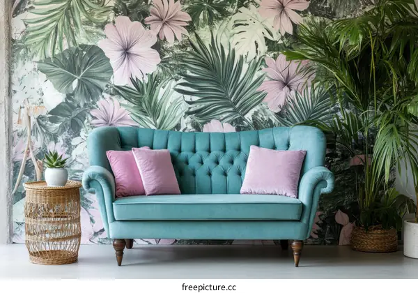 Teal Sofa with Pink Pillows in a Tropical Room