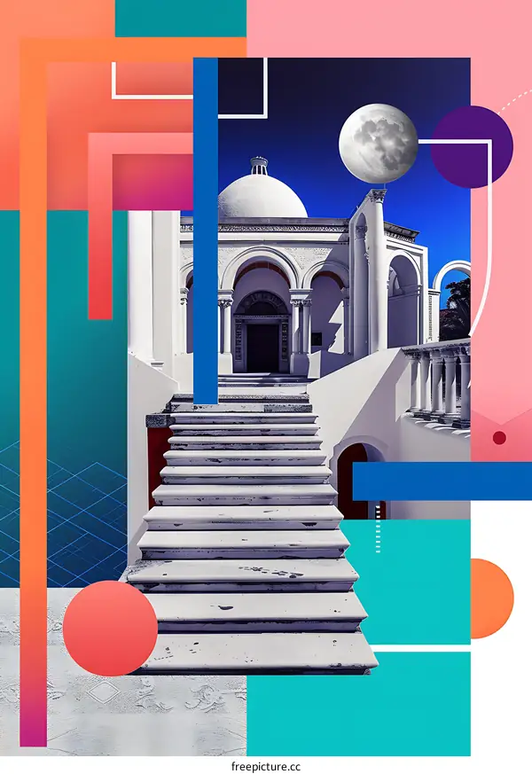 Abstract Collage of Building Steps and Moon