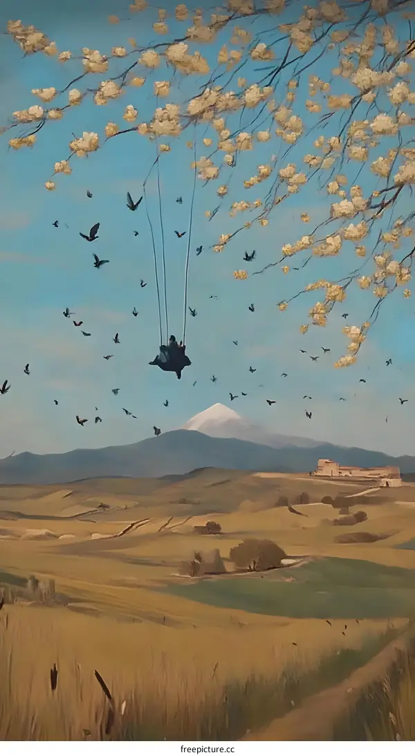 Two People On A Swing Flying Through The Sky With Birds