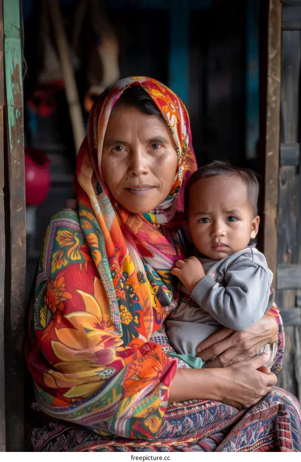 Mother and Child Embrace in Colorful Attire