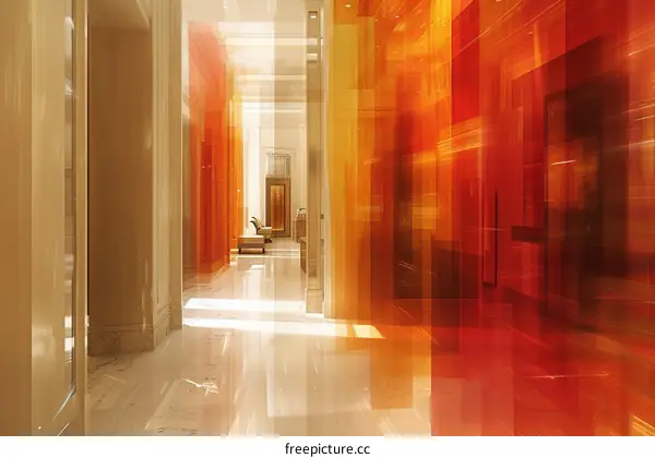 Modern hotel interior with bright orange wall decoration